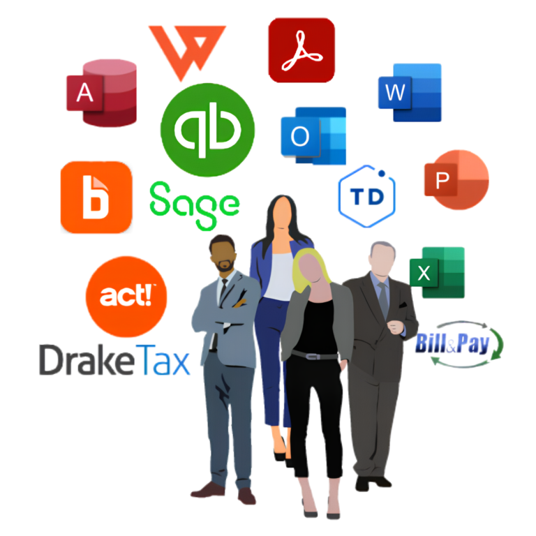 image illustration conveying a cloud of software available to a team of co-workers