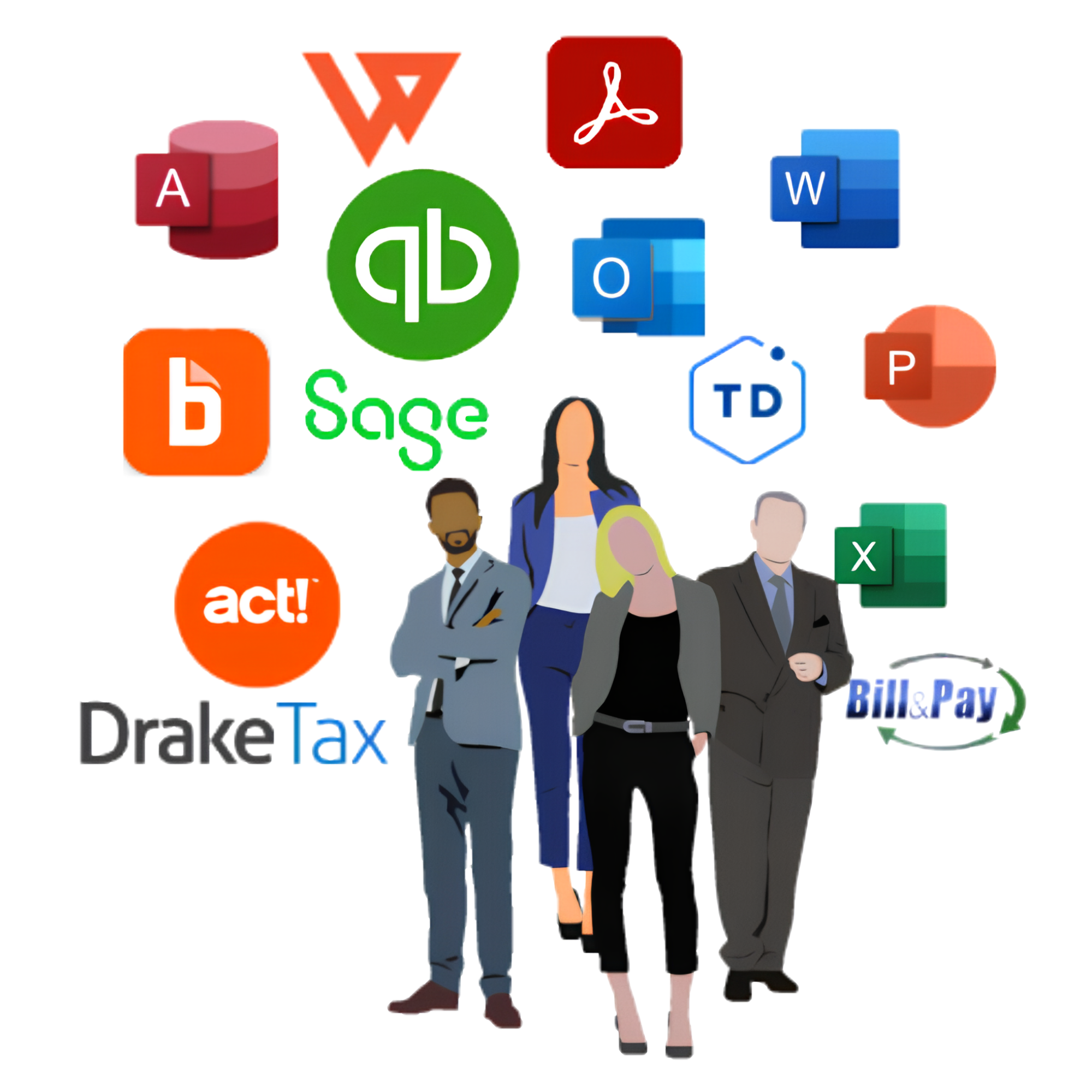 image illustration conveying a cloud of software available to a team of co-workers